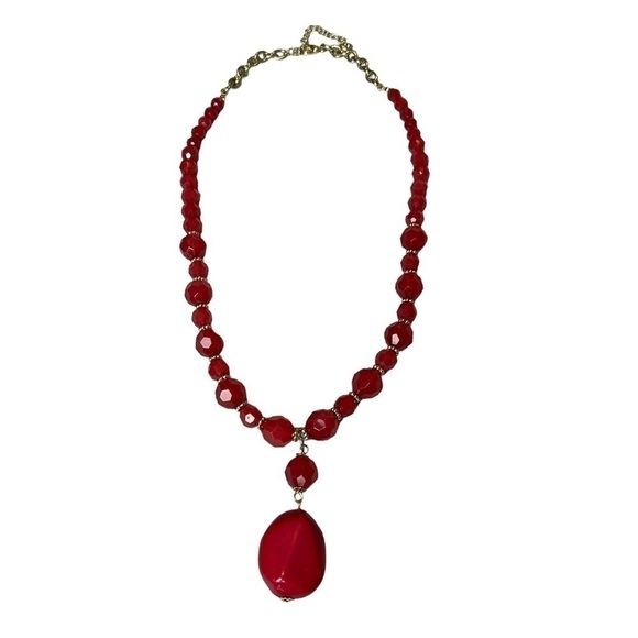 Jewelry - Red Acrylic Beads Faux Stone Pendant Necklace Gold Tone Accents & Chain